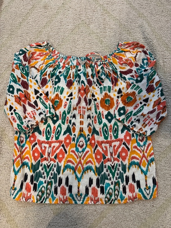 Hester & Orchard Tops - Hester & Orchard Linen Blend Boho Peasant Top Medium | Colorful Ikat Blouse